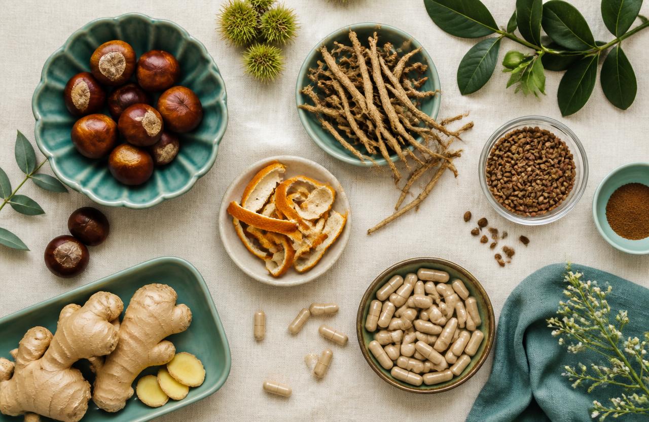 Horse chestnut, butcher's broom root, grape seed, citrus peel and ginger used in VenaSeel capsules