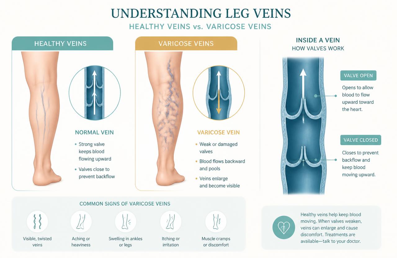 Diagram comparing healthy leg veins with varicose veins and how vein valves work
